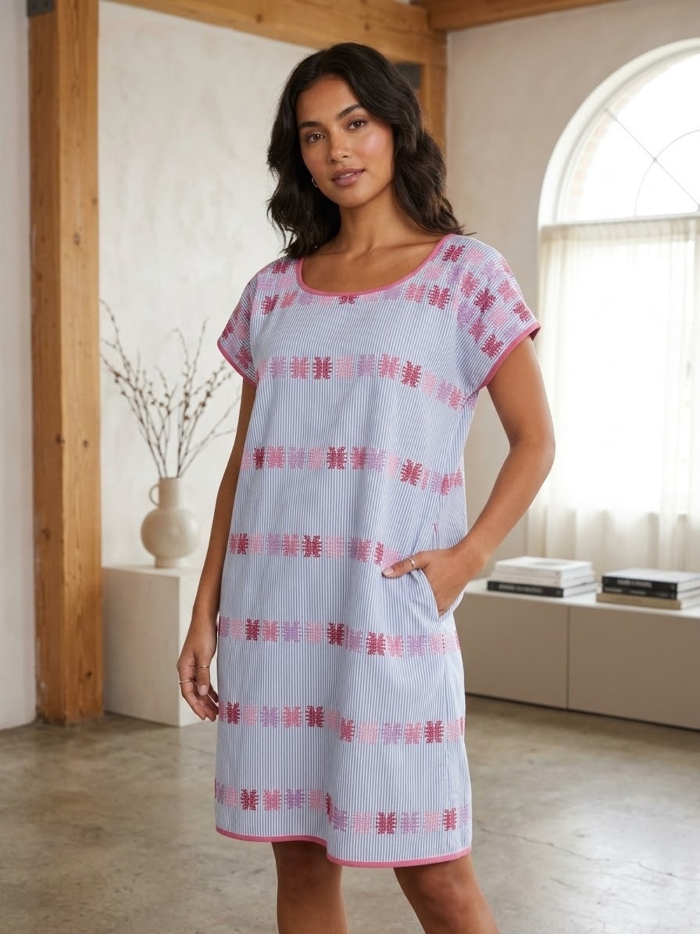 Casual Striped Floral Midi Dress in Light Blue and Pink